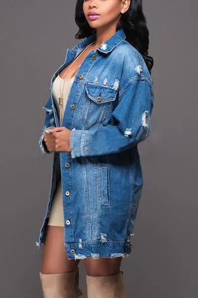 Женская длинная джинсовая куртка в европейском и американском стиле, элегантное женское повседневное пальто большого размера с дырками, джинсовая Ветровка синего цвета