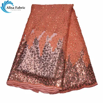 

Orange Chiffion Design African Mesh Lace Fabric With Sequin Lace 5 Yards/pcs Elegant Chiffion Lace Fabric For Wedding Decoration