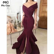 Элегантное платье для выпускного вечера Русалка длинное вечернее платье с оборками с коротким рукавом эластичный атлас развертки Поезд Формальные вечерние платья платье для выпускного вечера