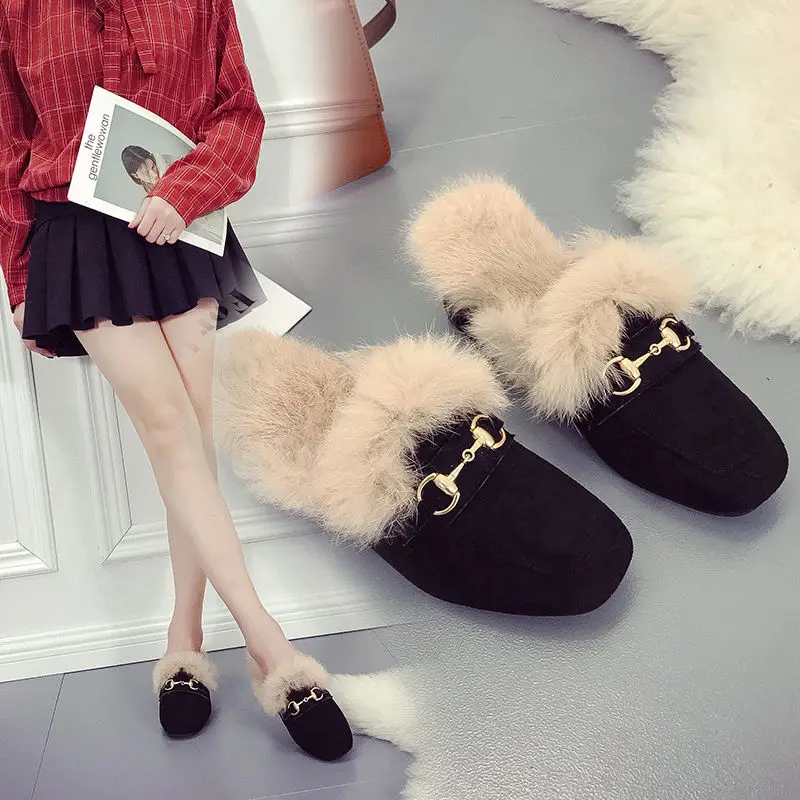 

2019 Autumn And Winter New Style Korean-style Fashion Buckle Thick Online Celebrity Closed-toe Plush Slipper Women's Outer Wear