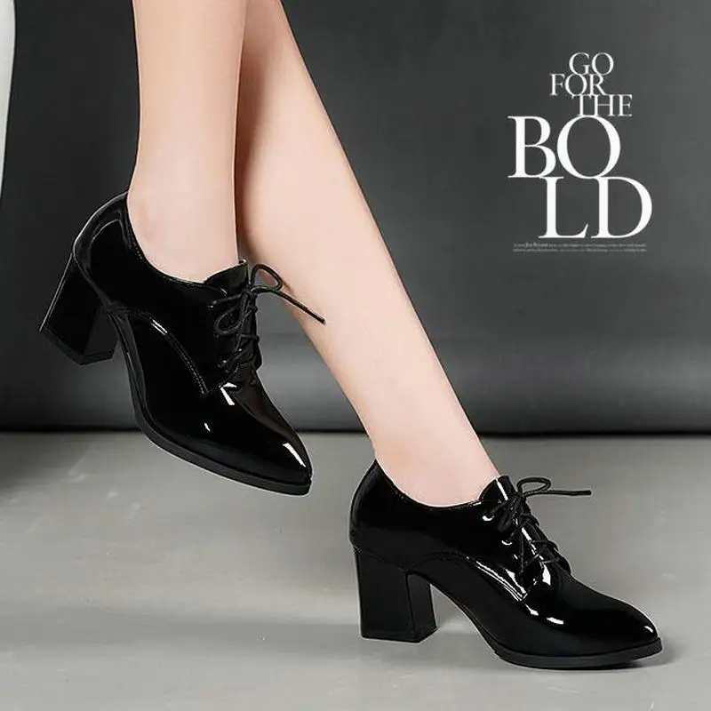 British Wind Single Shoes Female Autumn Patent Leather High Heel Thick Heel Women's Shoes Leisure Woman Single Shoes