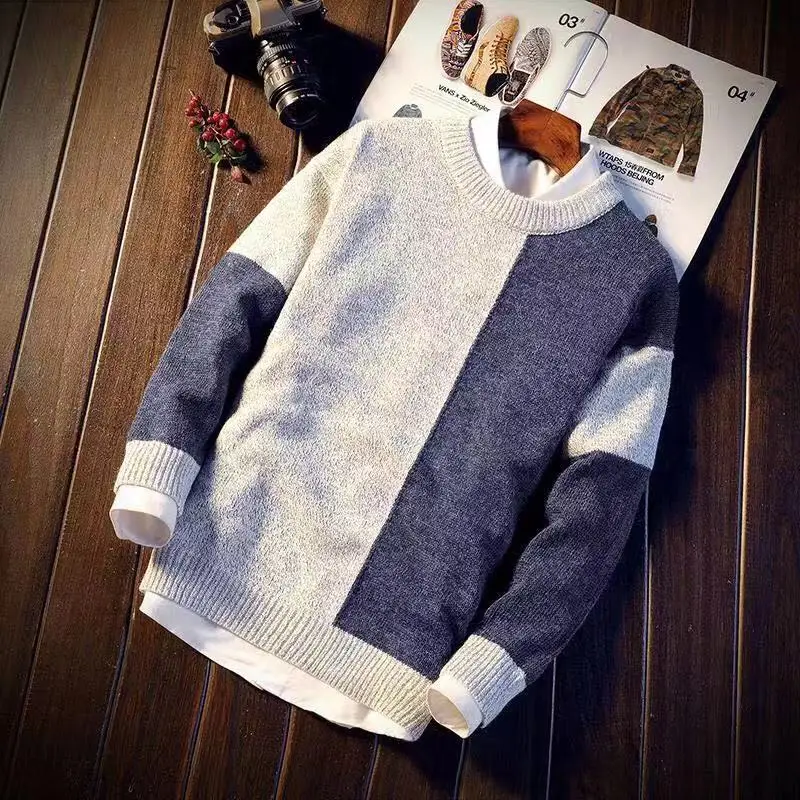 

Men's Long-sleeved Sweaters Splice Autumn Winter Pullover Sweater for Men Round Neck Sweater Mixed Color Youth Fashion Trend New