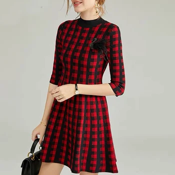 

Spring 2020 New High-Quality Women'S Plaid Knitted Stretch Elastic Sleeve Applique Slim Fit Thin Temperament Women'S Mini Dress
