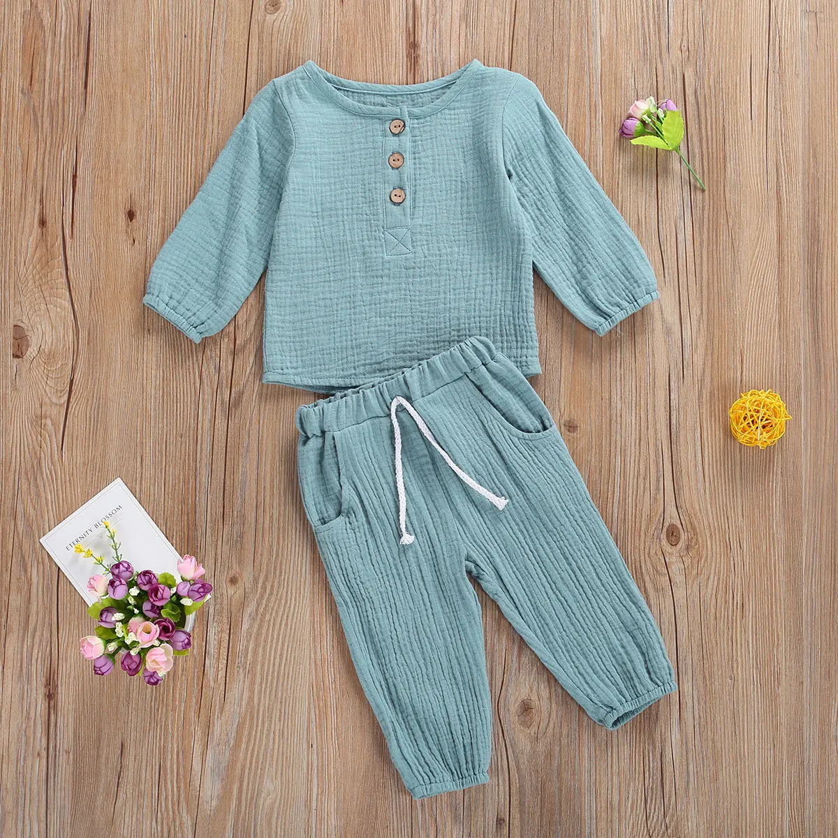 Fashion Autumn Kids Baby Girls Boys Outfit Suit Cotton Linen Solid Casual Toddler Infant Long Sleeve Tops+Pants Clothes Set 4