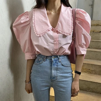 

COIGARSAM Cute Lace Shirt Womens tops Puff Sleeve V-Neck Women shirts White Pink A8426