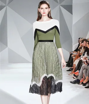 

2020 Spring Autumn Women Set New Fashion Design three quarter Sleeve Knitting Top + Elastic Waist A-line Pleated Lace Skirt