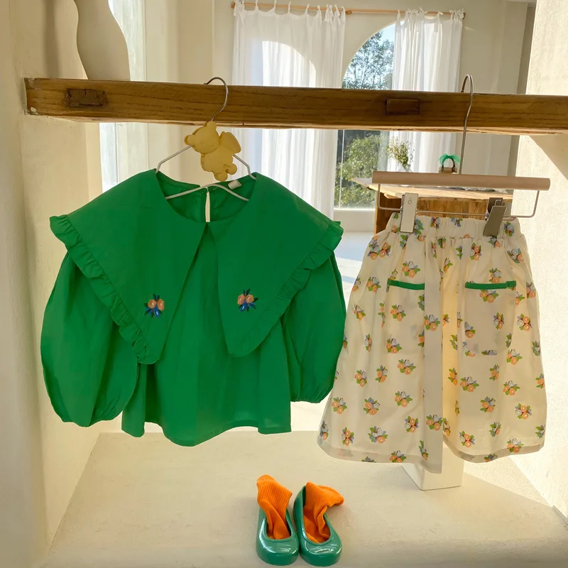 deer jonmi New 2022 Spring Baby Girls Floral Embroidery Blouses Ruffles Collar Long Sleeve Kids Tops Korean Style Children Shirt | Детская