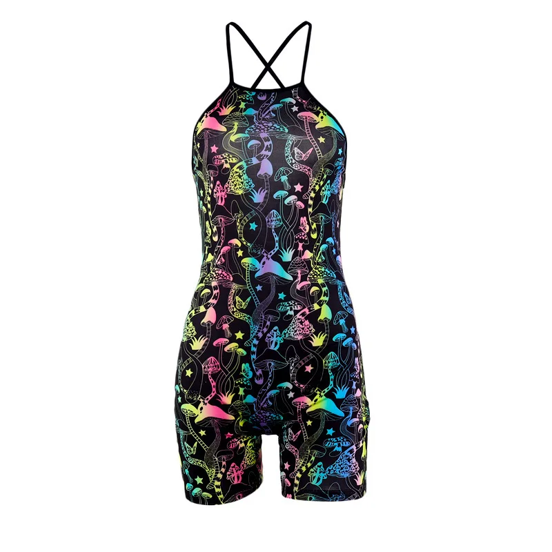 

Rainbow Summer Playsuit Women 2020 Swimsuit Halter Elastic Bodycon Jumpsuit Ladies Short Mushroom Print Sexy Backless Swimwear