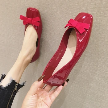 

Square Toe Shoes Woman Flats Soft Casual Female Sneakers Bow-Knot Dress New Patent Leather Butterfly Lace-Up Slip-On Rubber