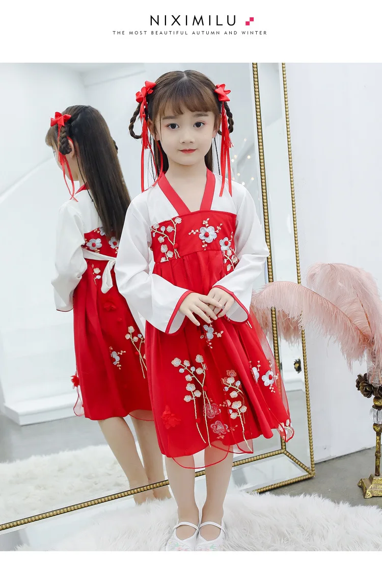 Hanfu/Детский костюм в стиле Тан; коллекция года; милое осеннее платье принцессы для девочек; китайский костюм; детское платье феи для подростков