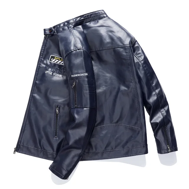 2021 Men's Winter Casual Embroidery Faux Leather Coats Jackets Men Autumn Motorcycle PU Fleece Windproof Jacket Biker For Male 5