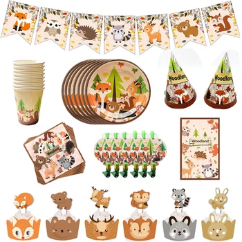 

Jungle Animal Woodland theme Party Disposable tableware Paper plate cup napkin banner Forest Safari animal Birthday party Decor