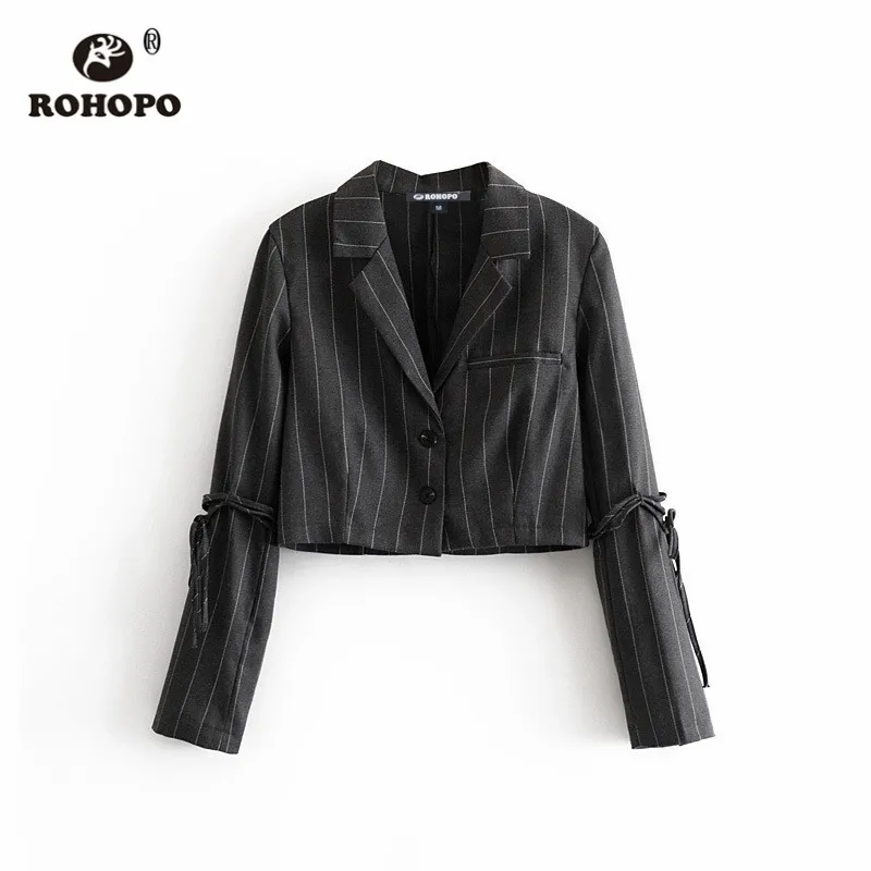 

ROHOPO Lace Up Sleeve Vertical Striped Black Crop Blazer Notched Collar Autumn Ladies Short Streetwear Short Outwear # 9125