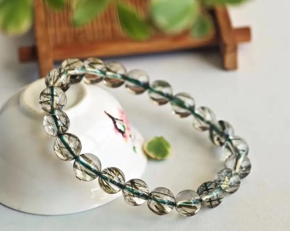 

8.5mm Genuine Natural Green Rutilated Tourmilated Quartz Clear Crystal Round Beads Bracelet Women Men Fashion Stone AAAAA
