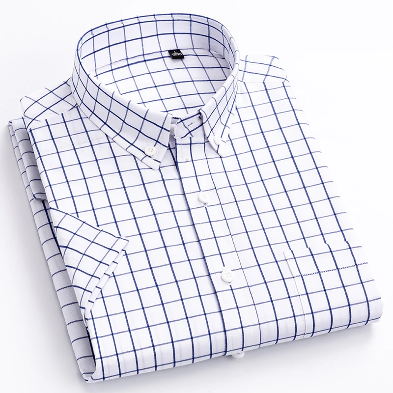 MACROSEA Men's Casual Plaid Shirt High Quality 100% Cotton Men's Summer Big & Small Plaid Shirts Short Sleeve Mens Social Shirts 4