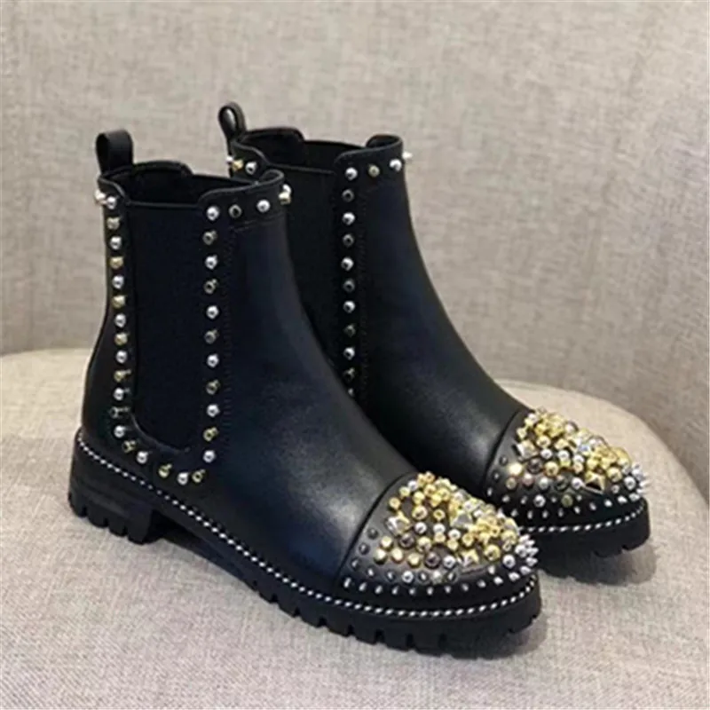 

Ins Spiked Women Ankle Boots Winter Warm Rivets Gold Silver Leather Shoes Woman Chasse Botas Mujer Brand Chelsea Bota Feminina