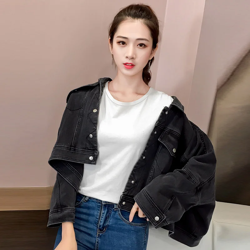 

2019 New Korean Version Loose Denim Jacket Bat Sleeve Short Paragraph Wild Casual Denim Jacket Single Breasted Black Jackets