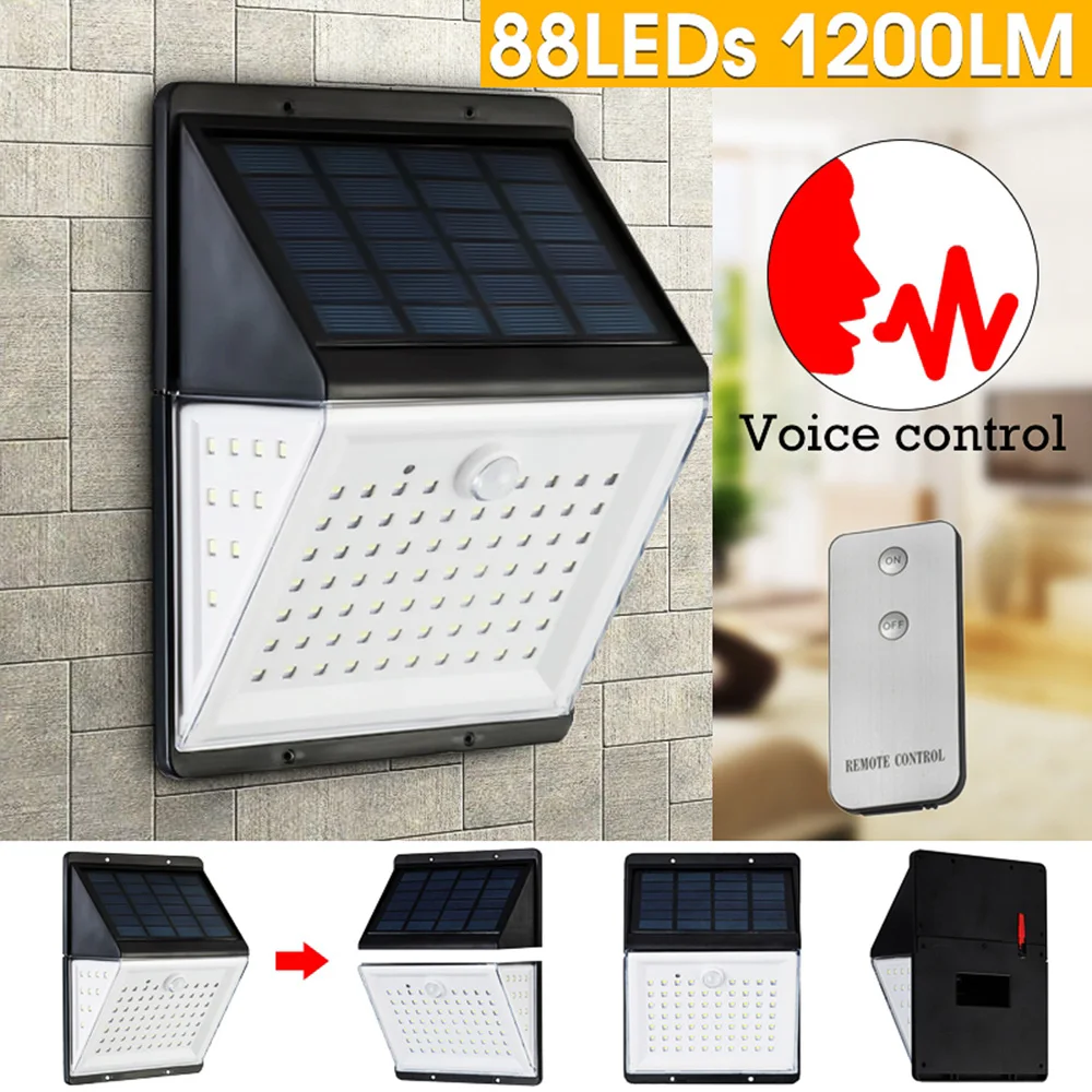 88 LED Solar Power Motion Sensor Light Voice Remote Control Outdoor Yard Wall Lamp