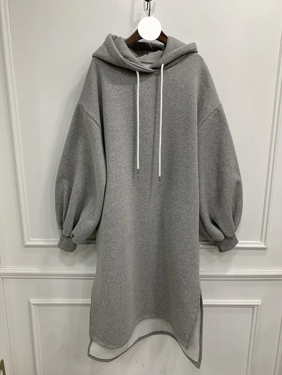GETSPRING Women Dress Lantern Sleeve Split Thicken Hooded Dresses Gray Black Pink Vintage Plus Size Long Dresses New Autumn