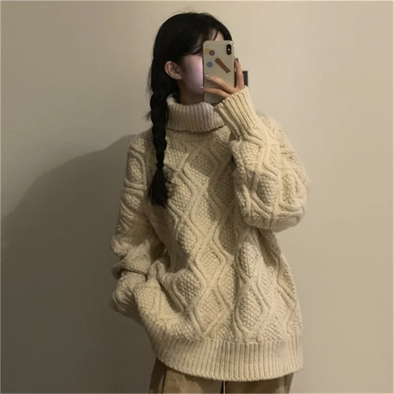 Koop Shop1314 Vintage Diamanten Patroon Coltrui Vrouwen Casual Losse Lange Mouwen Winter Trui Vrouw Dikke Jumper Tops