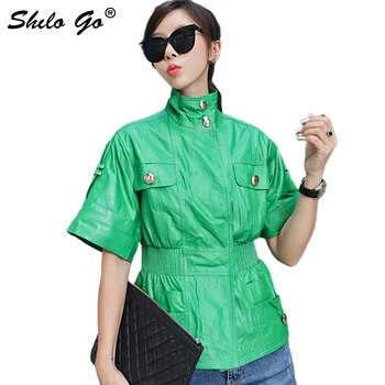 

Genuine Leather Coat Mock Neck Front Pocket Short Sleeve Jacket Women Autumn Casual Stretchy High Waist Fit and Flare Outwear