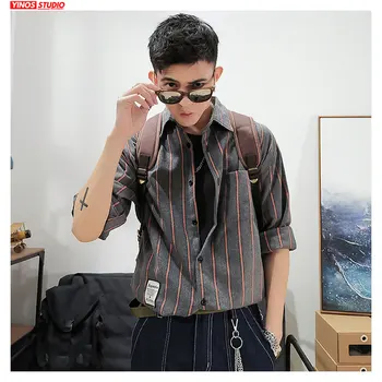 

Dropshipping Korean Harajuku Long Sleeve Lapel Shirts Men Streetwear Solid Tops 2020 Spring Striped Shirt