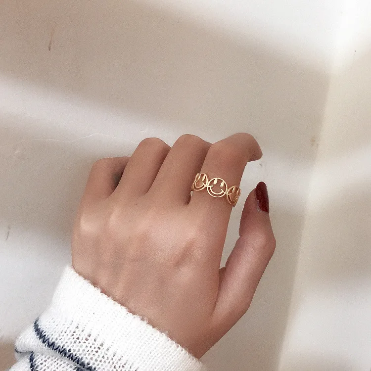 Happy Smile Rings For Women And Men Gold Face Open Ring Ladies Adjustable Finger Jewelry Cute Golden Students | Украшения и