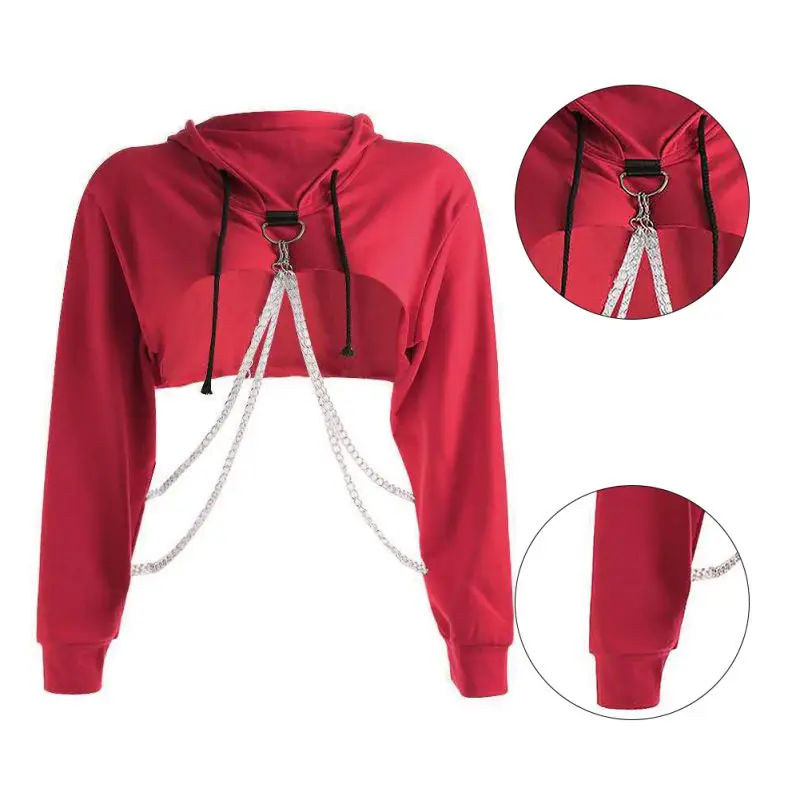  Black Cropped Hoodie Women Loose Chain Patchwork Pullover Sweatshirt Fashion Streetwear Sweat Femme
