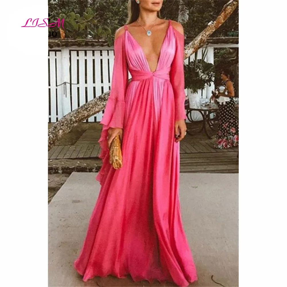 

Rose Pink Chiffon Prom Dresses Sexy Deep V-Neck Long Sleeves Evening Dress Long Side Split Formal Party Dress for Women