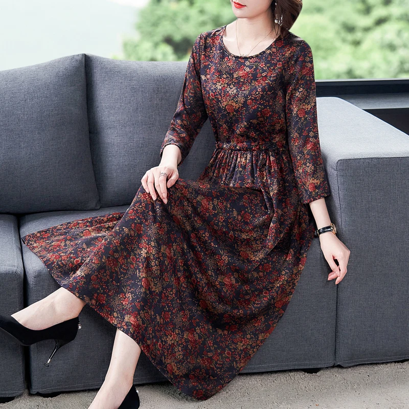 

Elegant Spring Autumn Dresses New Modern Vintage Printed Plus Size Casual Clothes Luxury Women's Floral Print Party A-Line Dress