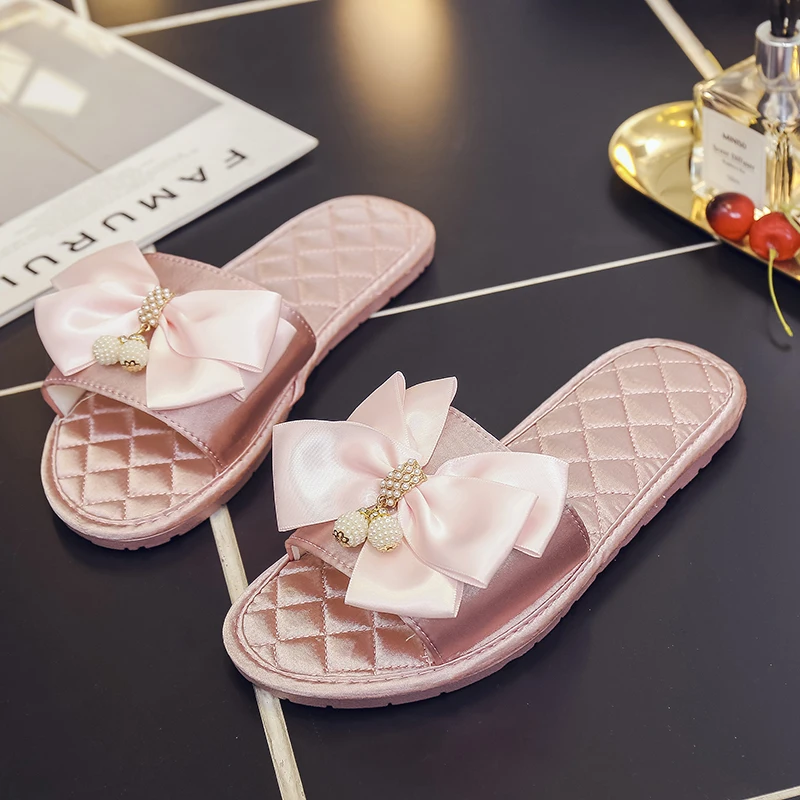 

LOOZYKIT New 2019 Autumn Silk Bow Comfortable Flat Shoes Style Fashion Slippers Sandals Flip Flops Female Casual Beach Slides