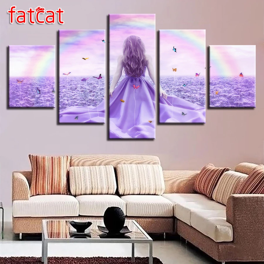 FATCAT алмазная живопись Diy 5 шт. радуга Бабочка девушка лаванда картины фиолетовые