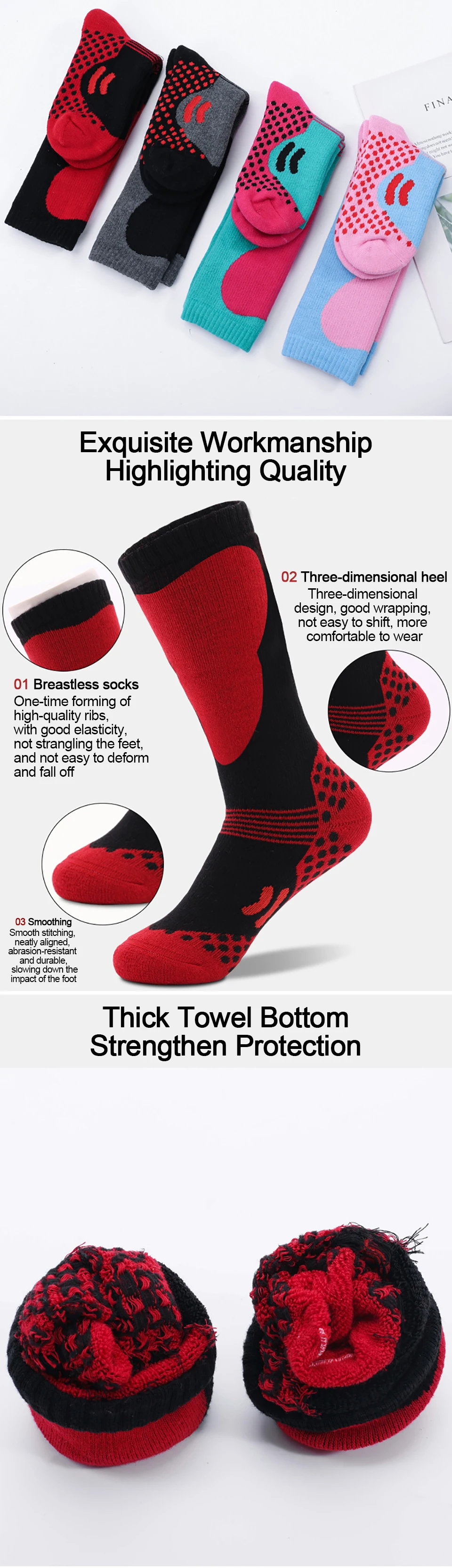 3 Paires Chaussettes Ski Laine Mérinos Enfants - Épaisses, Chaudes, Rembourrées - Taille 26-38 (4-15 Ans) - Garçons Filles