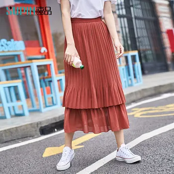 

SUPIN Spring Vintage Pleated Chiffon Skirt Women Fashion Solid High Waist Loose Female Mid Long Skirt 519293005