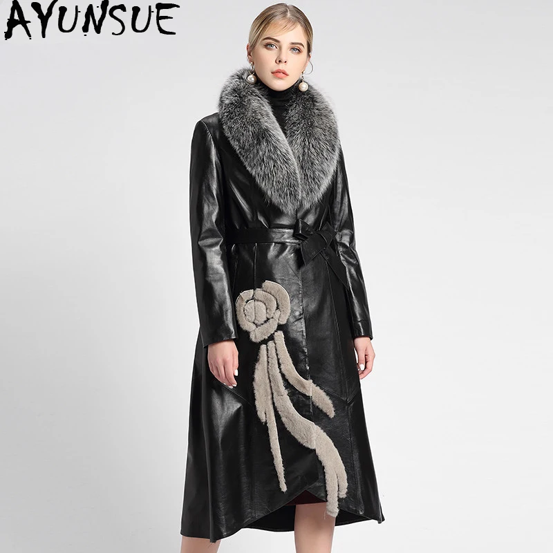 

AYUNSUE Genuine Leather Jacket 2019 Winter Jacket Women Real Fox Fur Collar long Down Jackets 100% Real Sheepskin Coat MY3819