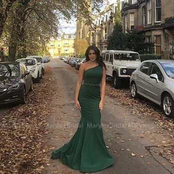 

One Shoulder Bottle Green Prom Dress With Beaded Sash Mermaid Style Floor Length Vestido De Formatur 2020 Simple Prom Party Gown