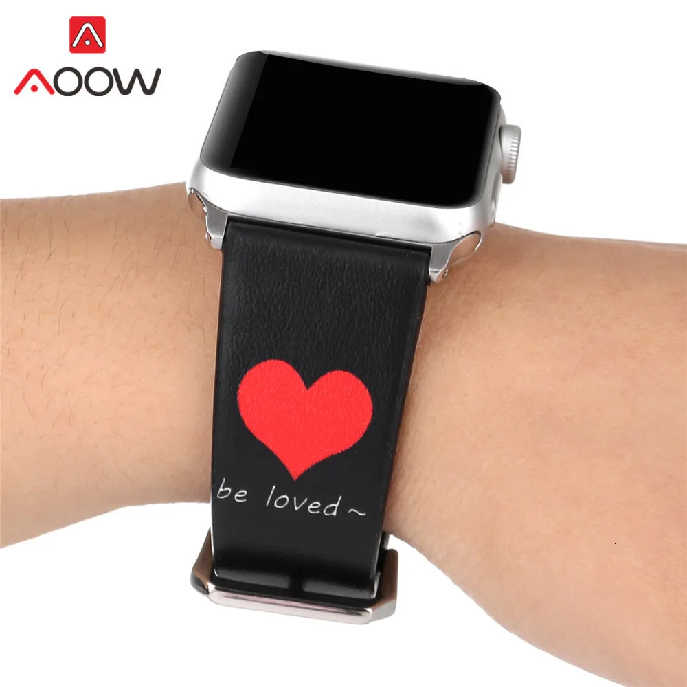 Ремешок для часов из натуральной кожи для Apple Watch 4, 5, 38 мм, 42 мм, 40 мм, 44 мм, с принтом сердца, мужской, женский браслет, ремешок для iwatch 1, 2, 3