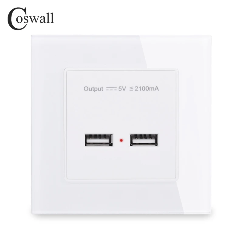 COSWALL настенная розетка с двумя usb-разъемами, умный индукционный зарядный порт для мобильного телефона 5 в 2,1 А, Выходная панель из закаленного стекла - Тип: White