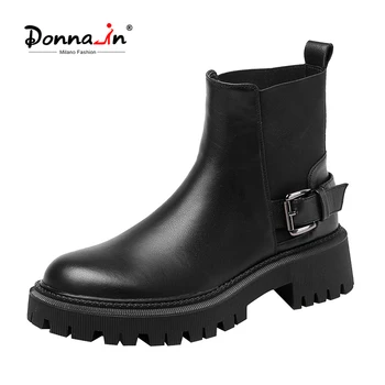 

Donna-in Buckle Strap Chelsea Boots Genuine Leather Boots Women Thick Bottom Black Boots Female Platform Ankle Boots 2020 NEW