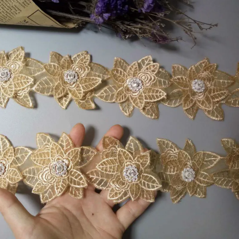 

1 yard Gold Pearl Beaded Embroidered Flower Lace Edge Trim Floral Applique Patches Fabric Sewing Craft Vintage Wedding Dress
