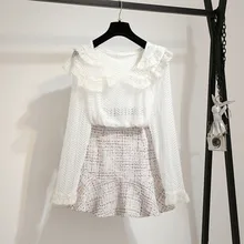 Высококачественная Осенняя новая твидовая юбка русалки комплект из 2 предметов, женское ажурное Кружевное белое кружевное платье-рубашка, топы, облегающая мини-юбка, комплекты
