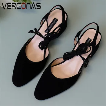 

VERCONAS 2020 Sweet Summer Woman Sandals Woman Pumps Kid Suede New Arrival Cross-Tied Pointed Toe Square High Heeled Shoes Woman