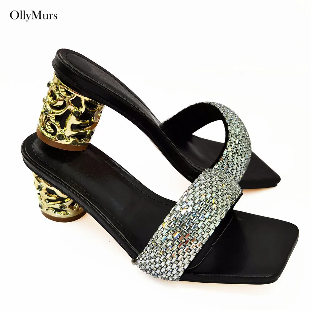 

Summer African Style Black Color Ladies Shoes New Arrival High Heels 5.8CM Shoes Fashion Slipper Shoes For Evening Party