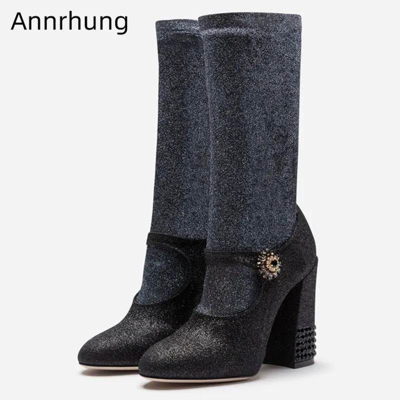 

Glitter Black Winter Boots Women New Mid Calf Boots Round Toe Crystal Studded Chunky High Heel Party Shoes Fashion Slim Botas