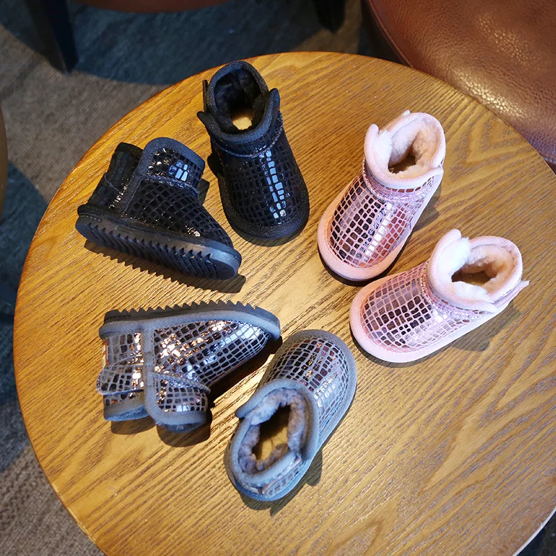 

Children's Snow Boots 2019 Winter Baby Boys Girls Plus Velvet Soft Bottom Shoes Toddler Genuine Leather Cotton Boots
