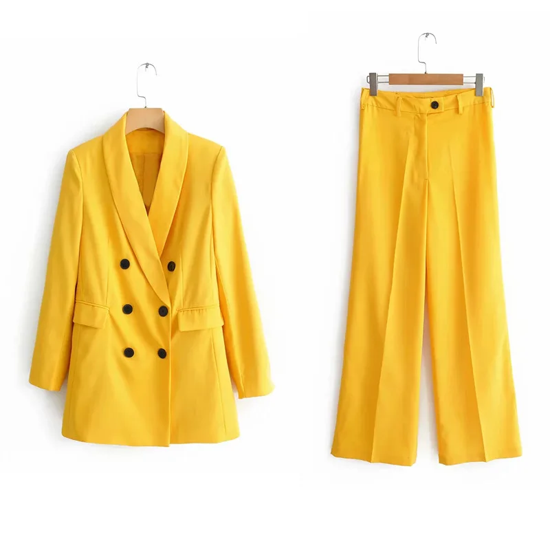 

Casual Yellow Pink Blazer Feminino Work Pant Suits 2 Piece Sets Double Breasted Jacket & Buttons Trousers Suit Women Coat L0020