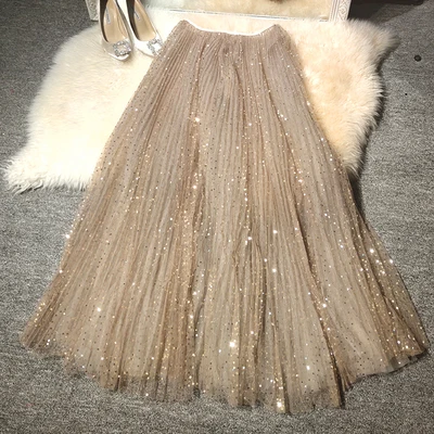 

2019 Fashion New Spring and Summer Beautiful Embroidered Bright Stars Sequins Long Gauze Skirt Women's Shiny A-lien Skirts