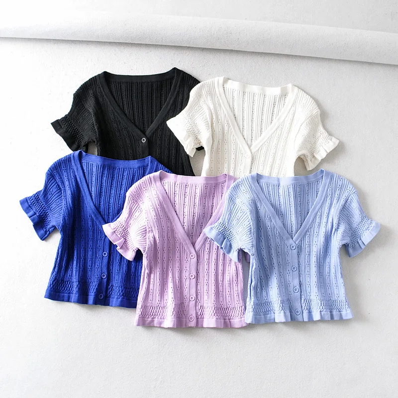 392-420 French retro women's new V-neck hollow single breasted short sleeve T-shirt with ear edge | Женская одежда