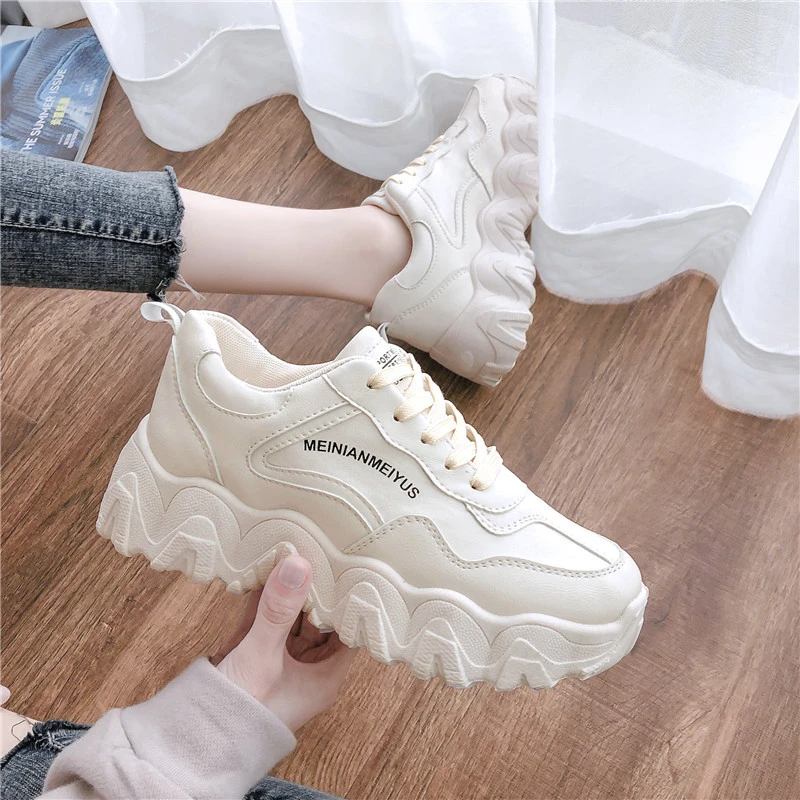 Zapatillas blancas plataforma 2020, suela gruesa, moda coreana, zapatos con cordones para mujer, zapatos deportivos cuero para mujer, vulcanizados|Zapatos vulcanizados de mujer| - AliExpress