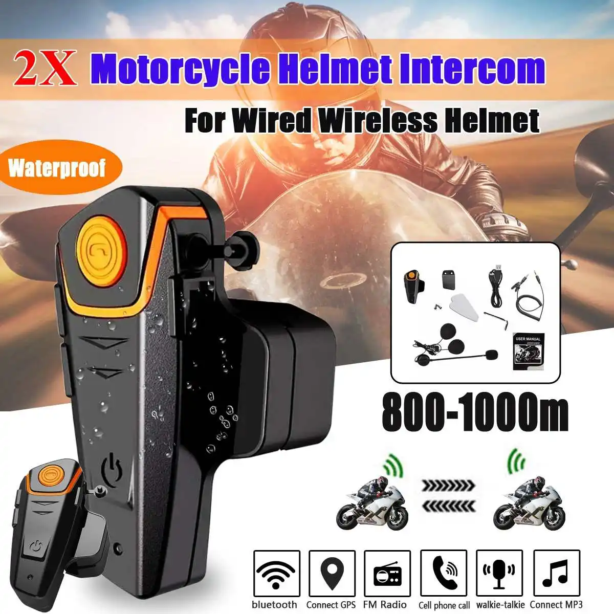 

2X Waterproof BT-S2 Multi BT Interphone 1000M Motorcycle bluetooth Helmet Intercom Intercomunicador Moto Interfones Headset FM